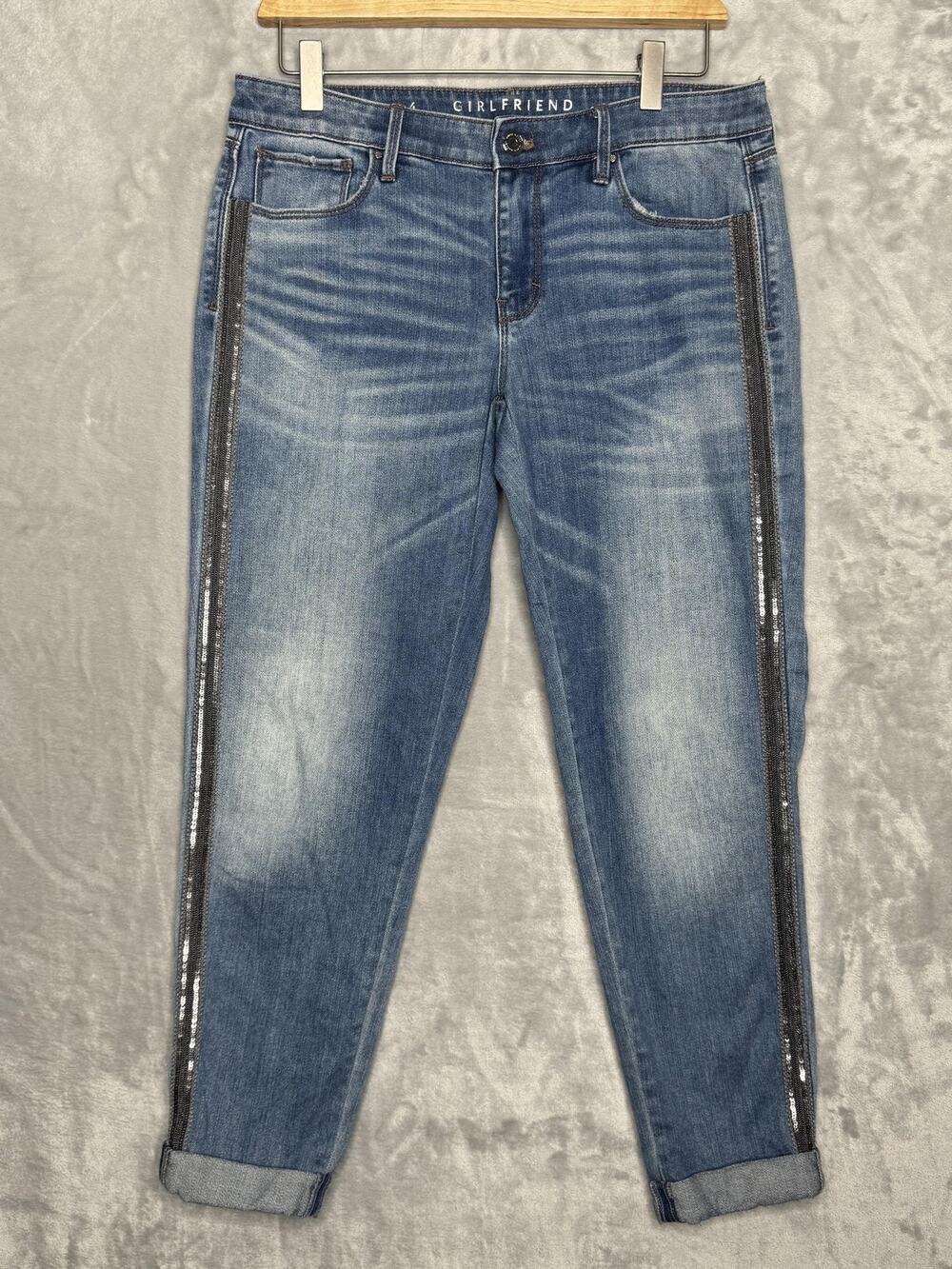 White House Black Market Jeans Womens 4 Blue Girlfriend Sequin Side Stripe Ankle